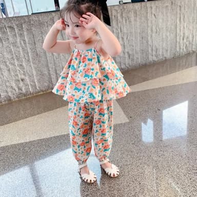 2Pcs Set Girl Clothes Girls Fashion Summer Clothing Set Floral Sleeveless Kids Blouse Top Pants