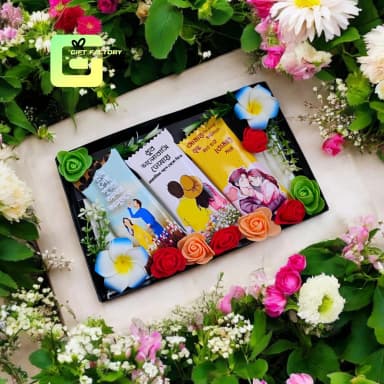 03 Pcs Chocolate with Romantic Lines Customized Cute Flowers Birthday Anniversary Premium Gift