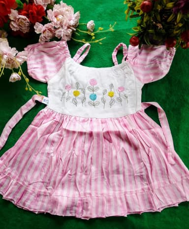 Pink Striped Frock with Embroidered Floral Design For Baby Girls