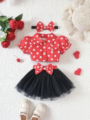 Adorable Polka Dot Puff Sleeve Baby Girl Outfit with Tulle Skirt Matching Headband 3 Colors